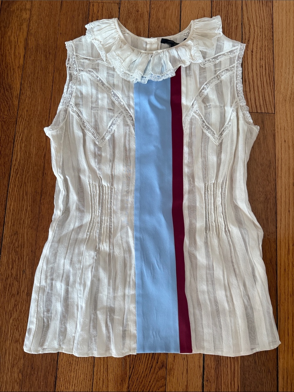 Louis Vuitton Women's Ivory Sleeveless Ruffle Neck Top with Stripe Sz. XS